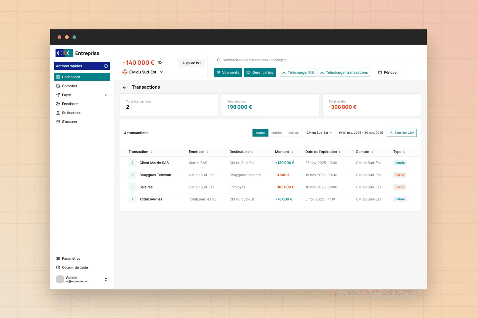 Tableau de bord des transactions
