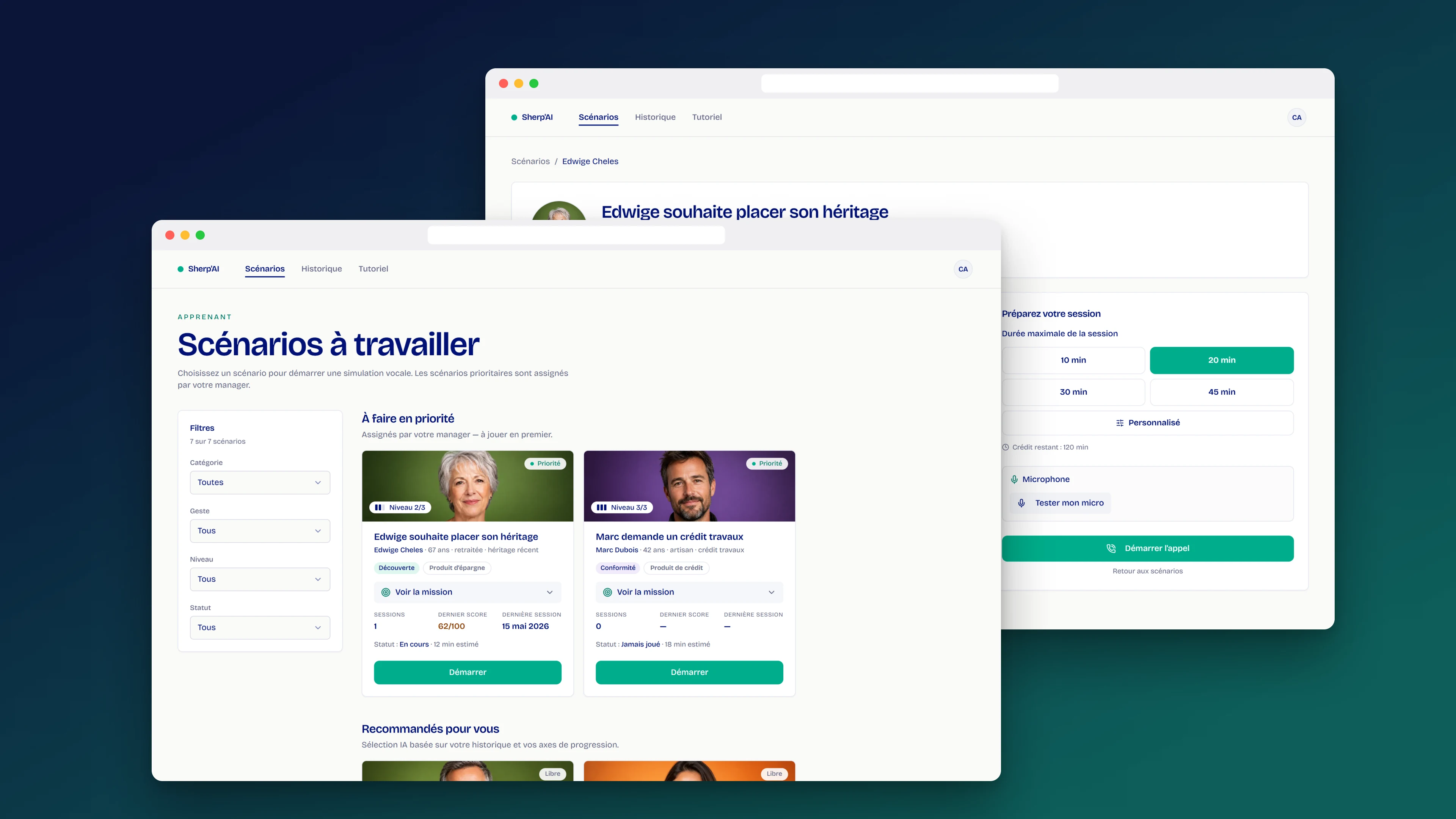 Sherp'AI — liste des scénarios et fiche scénario
